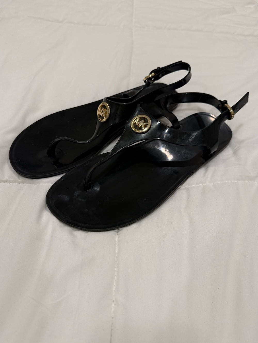 Michael Kors Black Jelly Sandals with Gold MK Medallions Size 10